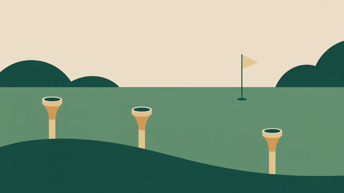 Three golf tees of different heights on a slope, flag in the distance