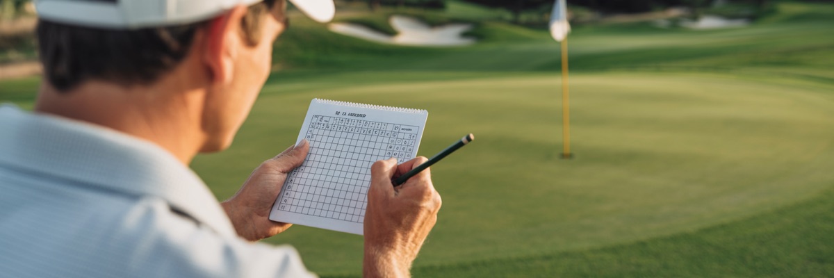 Golfer filling in his scorecard beside the green