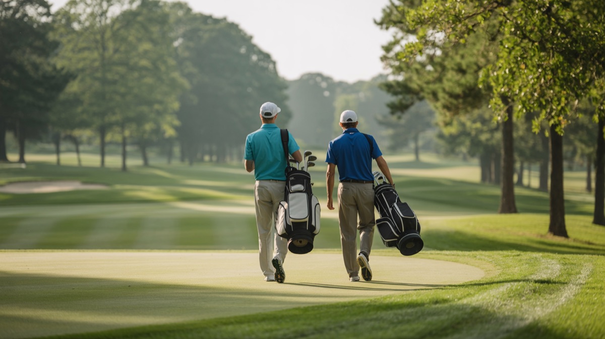 Two golfers walking a parkland fairway with carry bags
