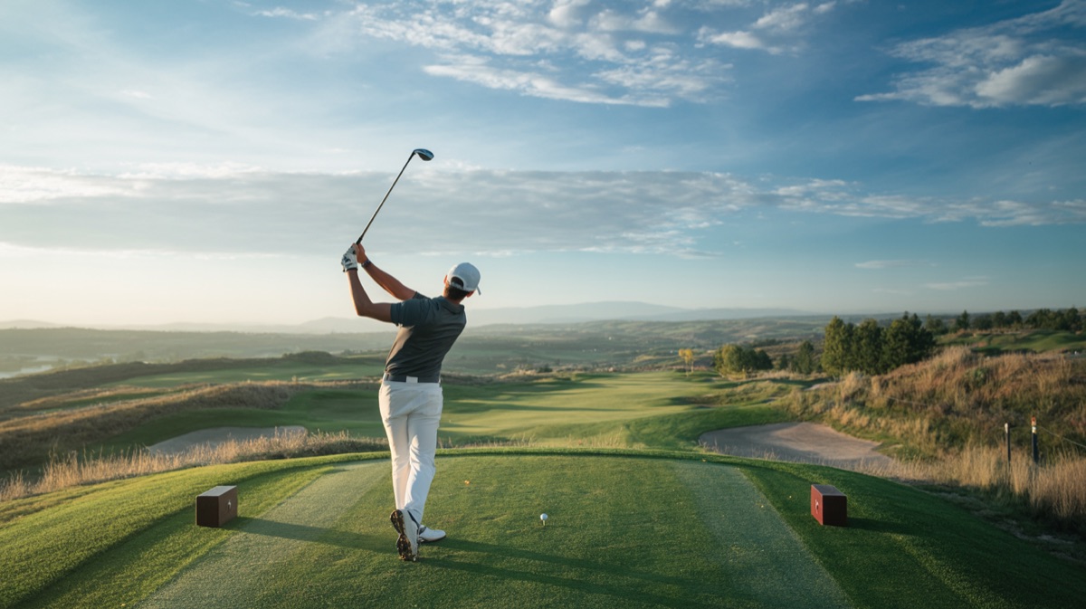 Golfer teeing off from an elevated tee overlooking the course