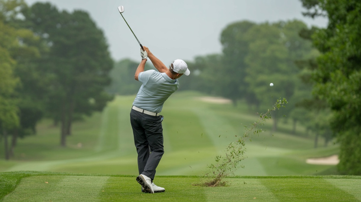 Golfer hitting an iron shot from the fairway