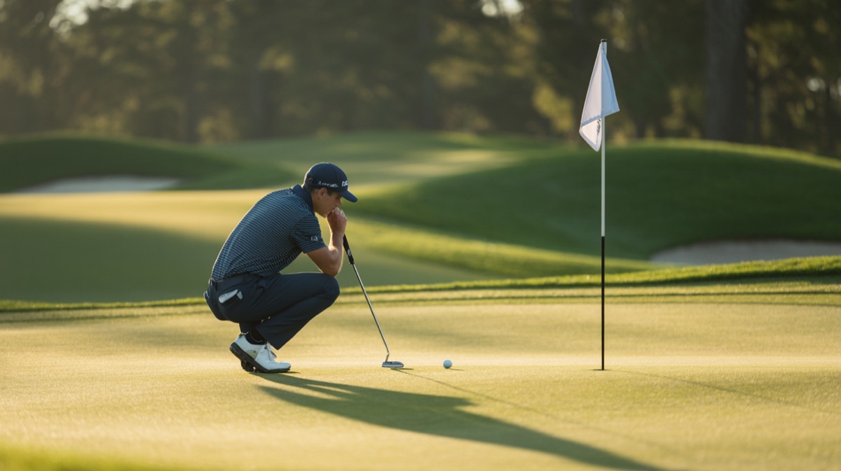 Golfer reading a putt on a manicured green in evening light