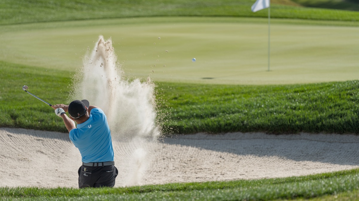 Golfer playing out of a greenside bunker toward the flag